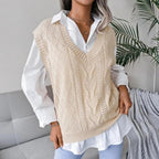 Women's Relaxed Cable Knit Jumper Vest with V-Neckline and Pointelle Detail, Apricot, view 4