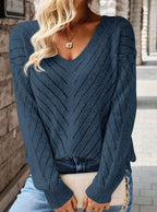 Women's Relaxed Chevron Open Knit V-Neck Jumper, Navy, view 1