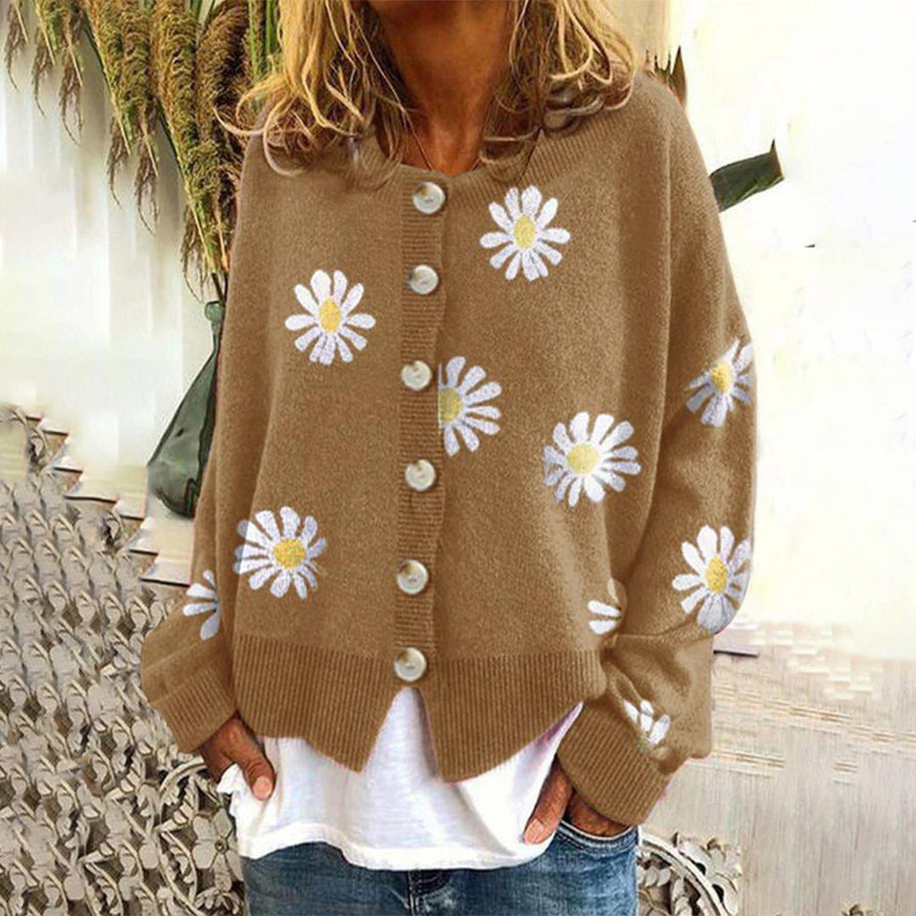 Women's Relaxed Daisy Print Knit Cardigan with Round Neck, Khaki, view 1