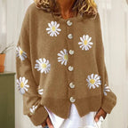 Women's Relaxed Daisy Print Knit Cardigan with Round Neck, view 2