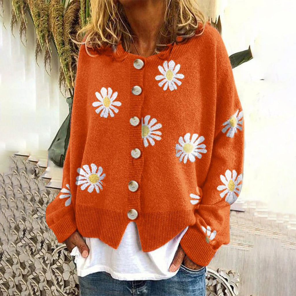 Women's Relaxed Daisy Print Knit Cardigan with Round Neck, Orange, view 3
