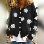 Women's Relaxed Daisy Print Knit Cardigan with Round Neck, Black, view 4