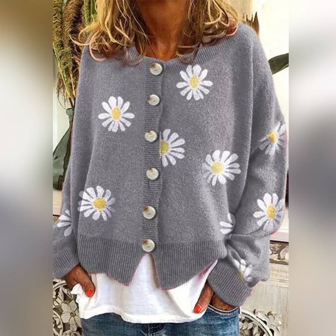 Women's Relaxed Daisy Print Knit Cardigan with Round Neck, Grey, view 5