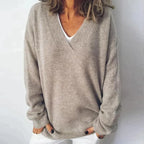 Women's Relaxed Fit Deep V-Neck Knit Jumper, Beige, view 1