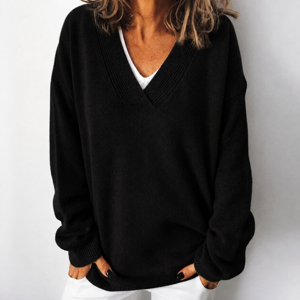 Women's Relaxed Fit Deep V-Neck Knit Jumper, Black, view 2