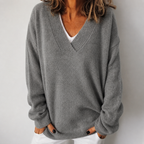 Women's Relaxed Fit Deep V-Neck Knit Jumper, Grey, view 3