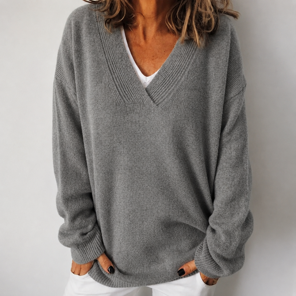 Women's Relaxed Fit Deep V-Neck Knit Jumper, Grey, view 3