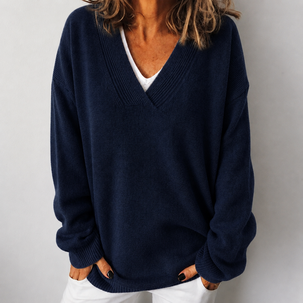 Women's Relaxed Fit Deep V-Neck Knit Jumper, Navy Blue, view 4
