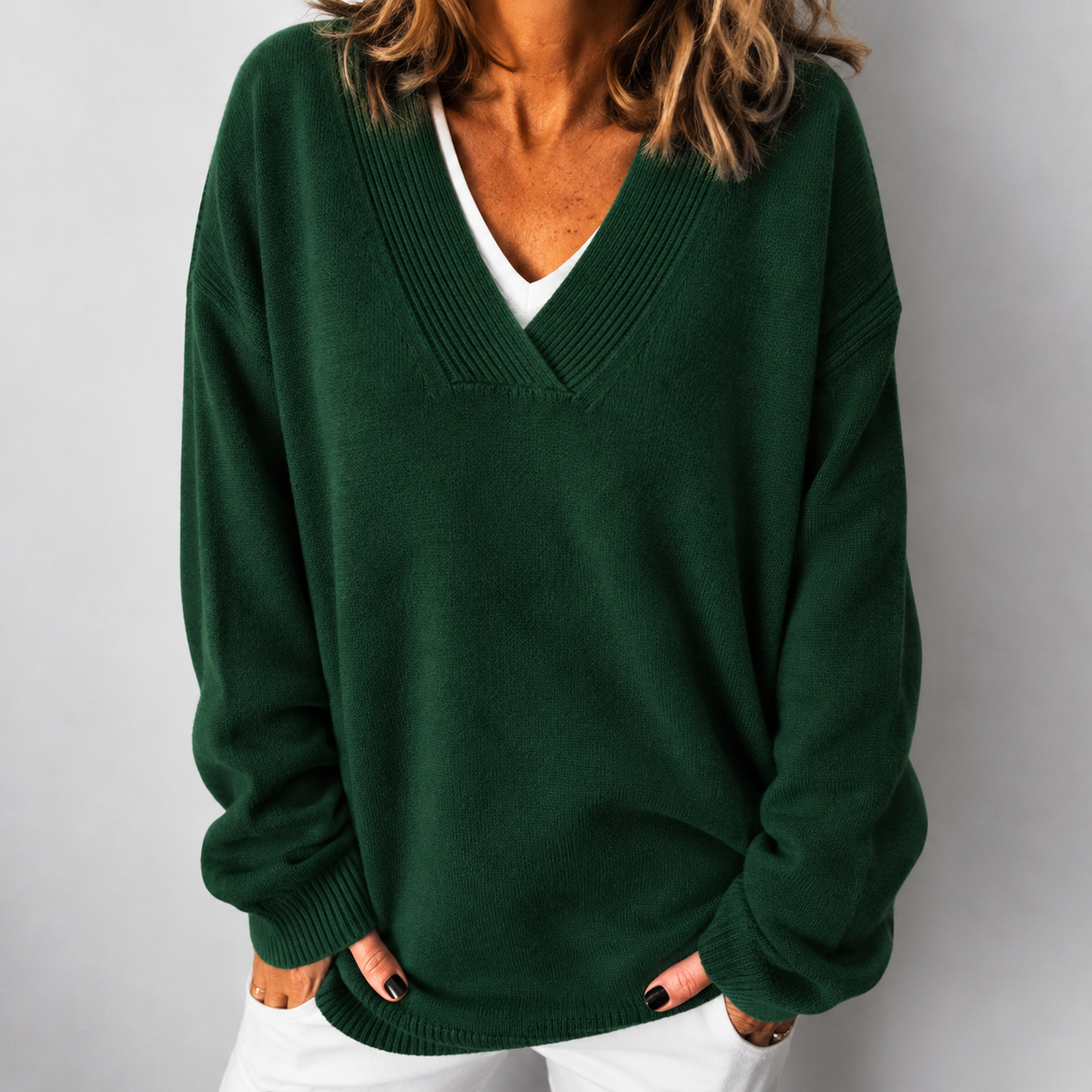 Women's Relaxed Fit Deep V-Neck Knit Jumper, Green, view 5