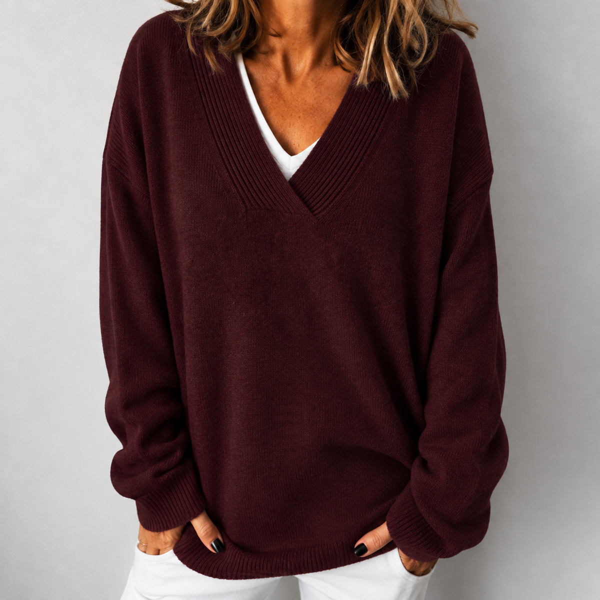Women's Relaxed Fit Deep V-Neck Knit Jumper, Red, view 6
