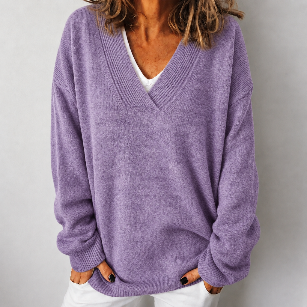 Women's Relaxed Fit Deep V-Neck Knit Jumper, Purple, view 7