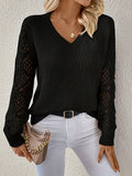 Women's Relaxed-Fit V-Neck Jumper with Open Crochet Sleeves, Black, view 1