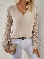 Women's Relaxed-Fit V-Neck Jumper with Open Crochet Sleeves, Beige, view 3