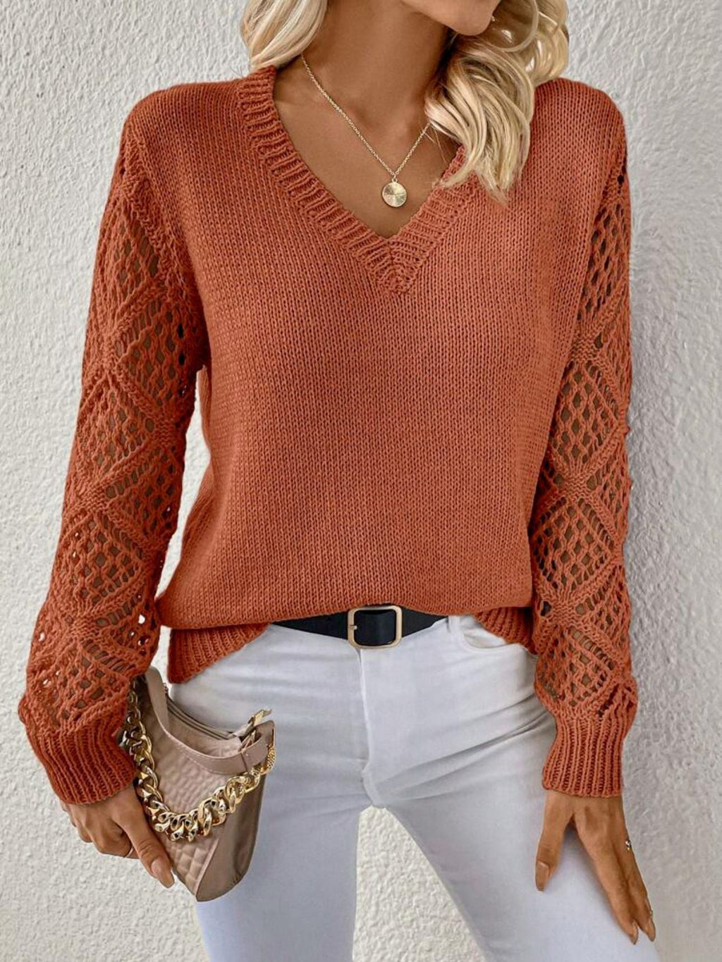 Women's Relaxed-Fit V-Neck Jumper with Open Crochet Sleeves, Caramel Brown, view 4