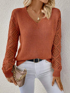 Women's Relaxed-Fit V-Neck Jumper with Open Crochet Sleeves, Caramel Brown, view 4