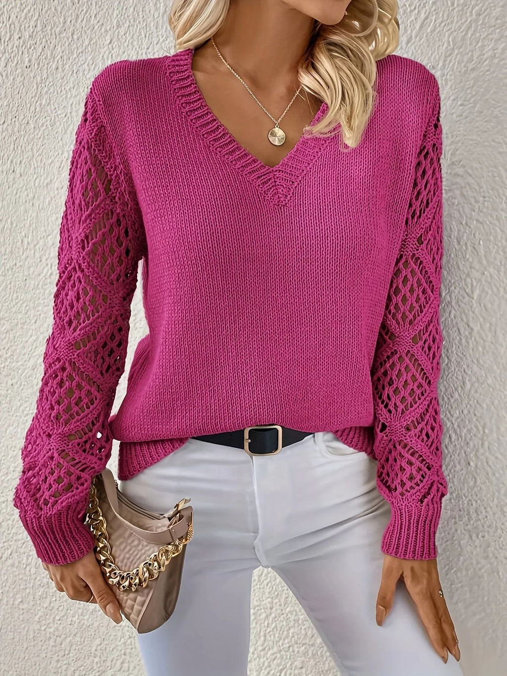 Women's Relaxed-Fit V-Neck Jumper with Open Crochet Sleeves, Dark pink, view 5