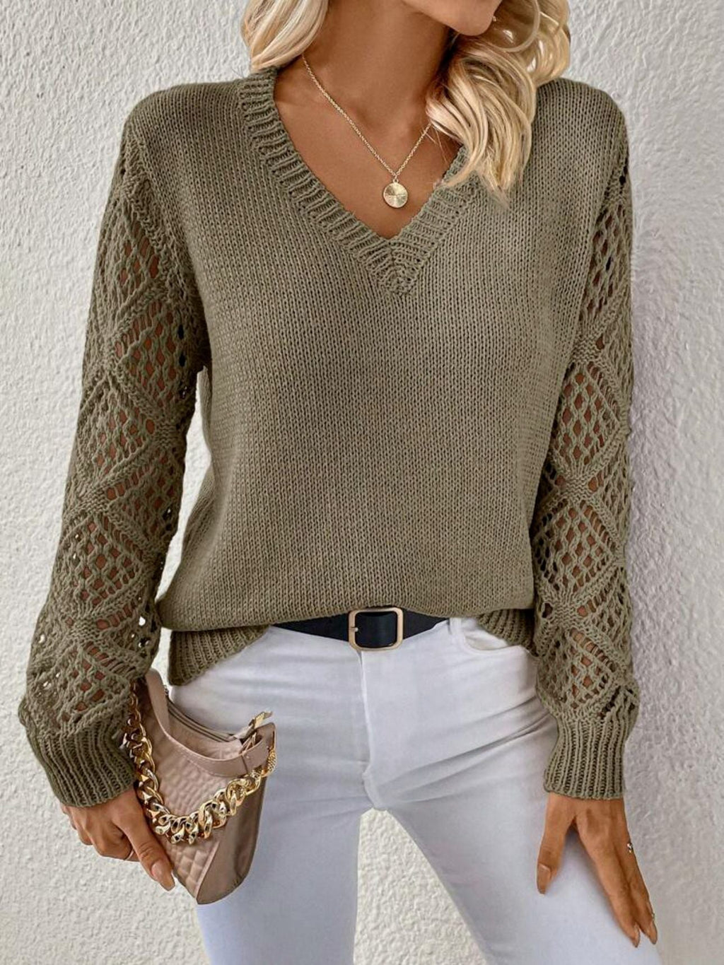 Women's Relaxed-Fit V-Neck Jumper with Open Crochet Sleeves, Green, view 6