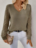 Women's Relaxed-Fit V-Neck Jumper with Open Crochet Sleeves, Green, view 6