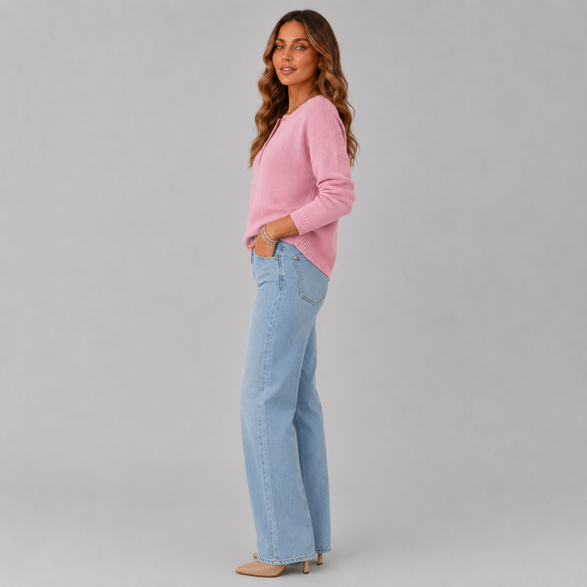 Women's Relaxed Henley Jumper with Ribbed Cuffs, view 3