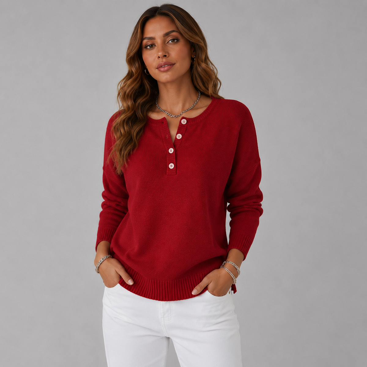 Women's Relaxed Henley Jumper with Ribbed Cuffs, Red, view 5