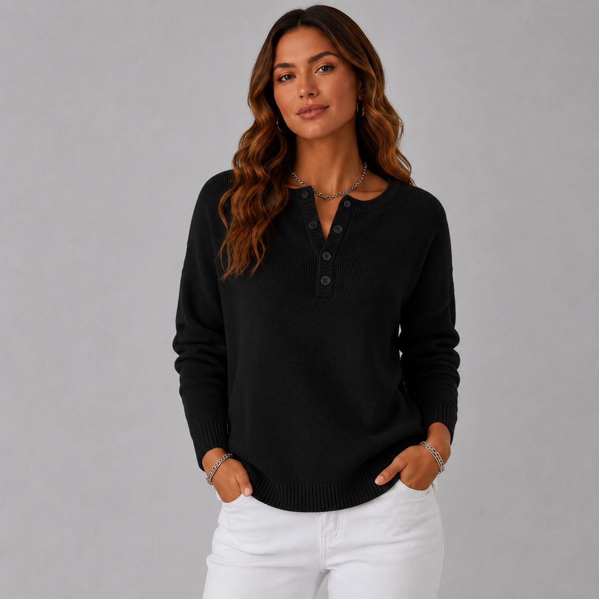 Women's Relaxed Henley Jumper with Ribbed Cuffs, Black, view 6