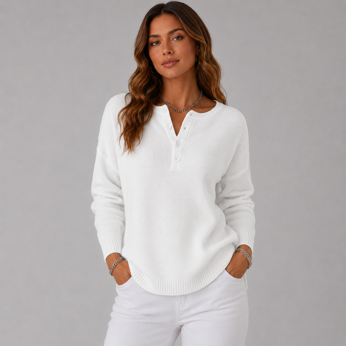 Women's Relaxed Henley Jumper with Ribbed Cuffs, White, view 9