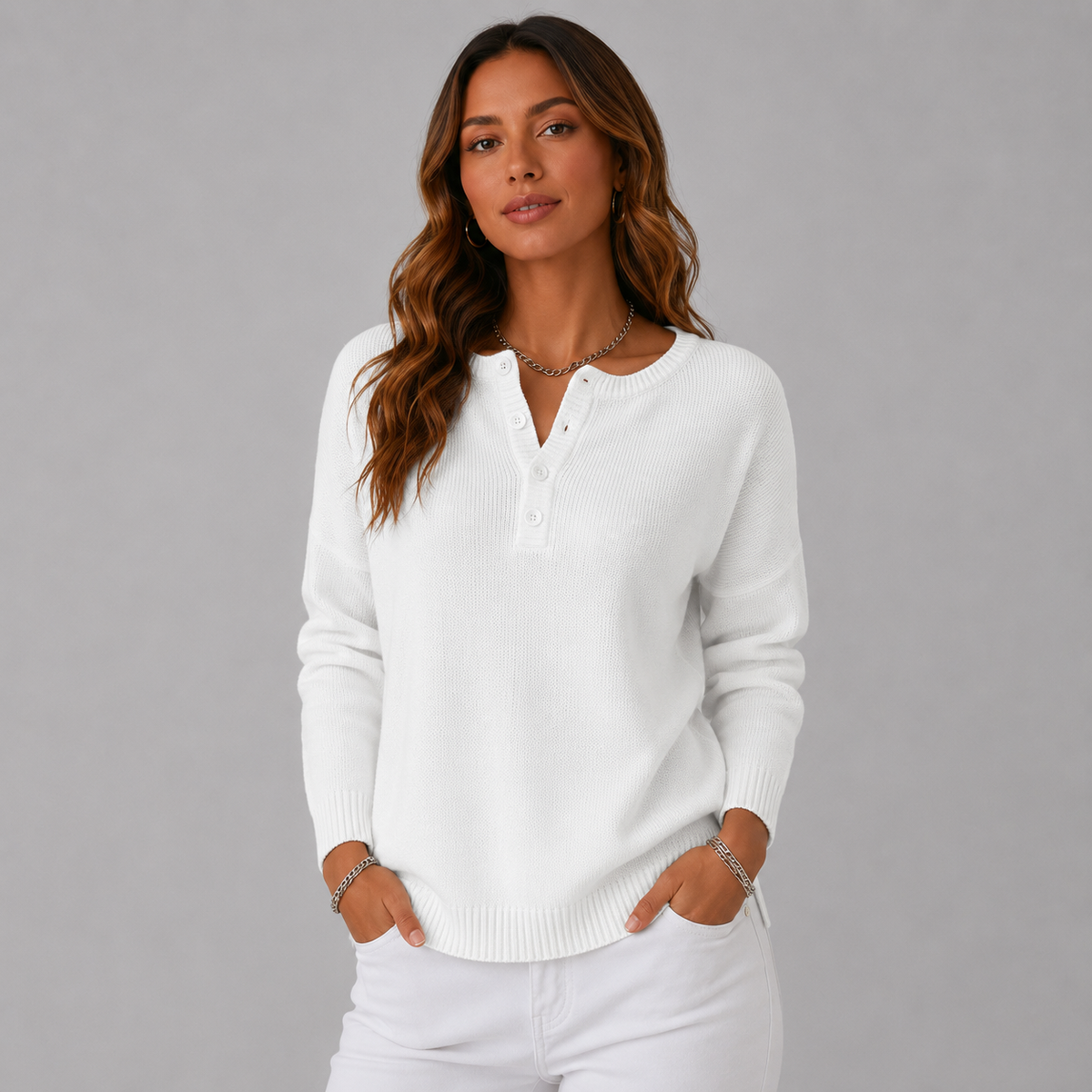 Women's Relaxed Henley Jumper with Ribbed Cuffs, view 10