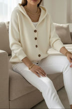 Women's Relaxed Hooded Knit Cardigan with Button Front, Beige, view 3