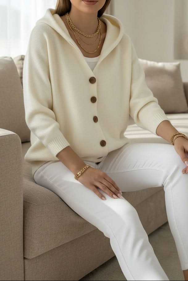 Women's Relaxed Hooded Knit Cardigan with Button Front, Beige, view 3