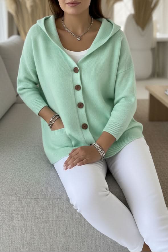 Women's Relaxed Hooded Knit Cardigan with Button Front, Green, view 5