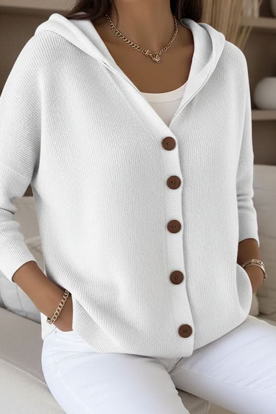 Women's Relaxed Hooded Knit Cardigan with Button Front, White, view 9