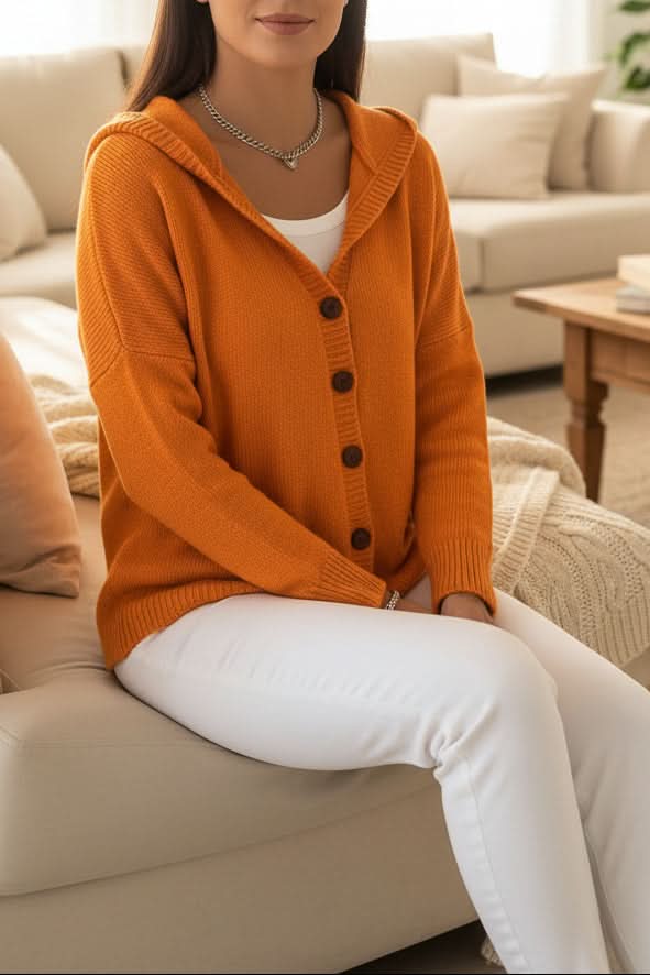 Women's Relaxed Hooded Knit Cardigan with Button Front, Orange, view 10