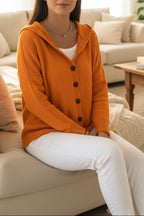 Women's Relaxed Hooded Knit Cardigan with Button Front, Orange, view 10