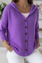 Women's Relaxed Hooded Knit Cardigan with Button Front, Purple, view 12