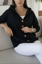 Women's Relaxed Hooded Knit Cardigan with Button Front, Black, view 14