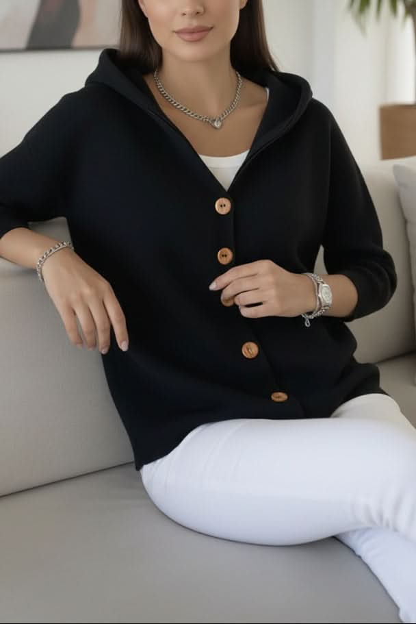 Women's Relaxed Hooded Knit Cardigan with Button Front, Black, view 14