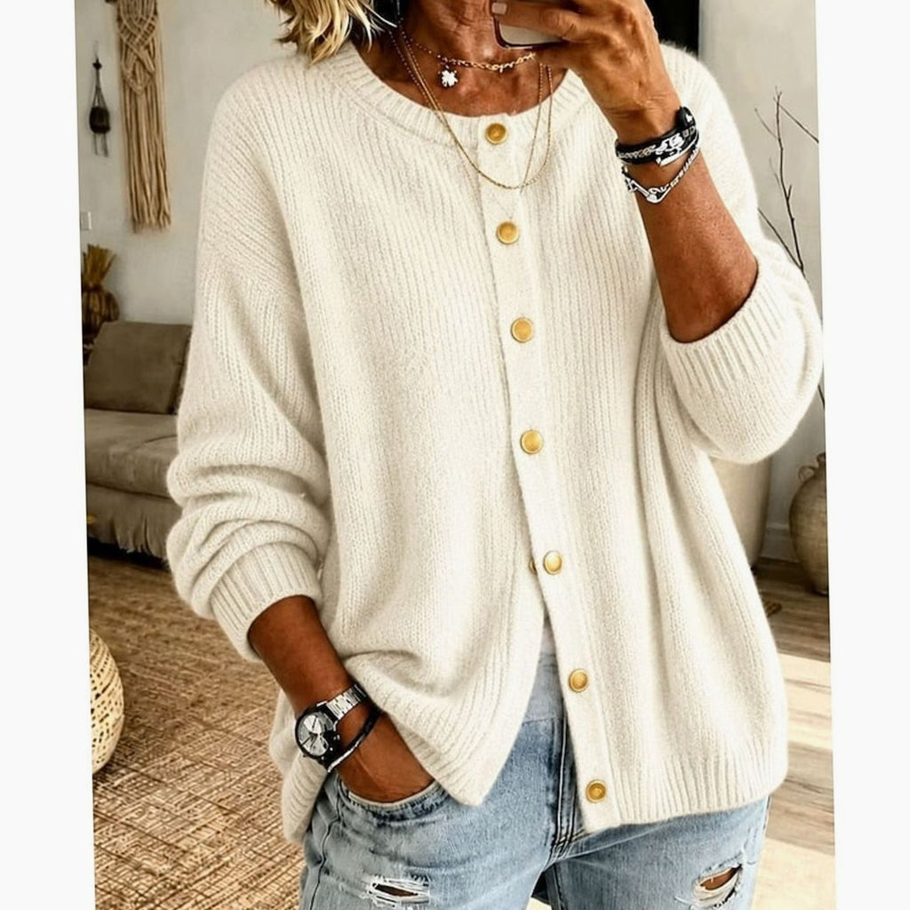 Women's Relaxed Knit Cardigan with Gold Snap Buttons, Beige, view 2