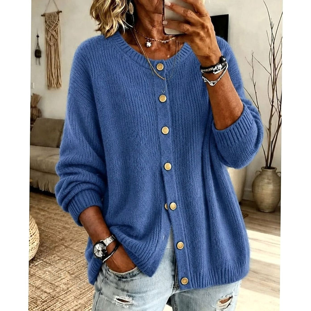 Women's Relaxed Knit Cardigan with Gold Snap Buttons, Blue, view 3