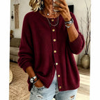 Women's Relaxed Knit Cardigan with Gold Snap Buttons, Red, view 4