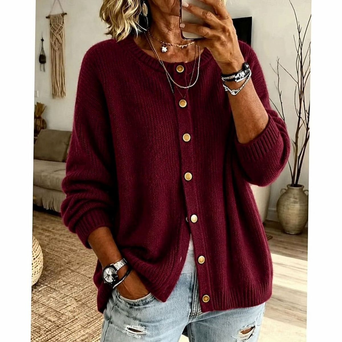 Women's Relaxed Knit Cardigan with Gold Snap Buttons, Red, view 4