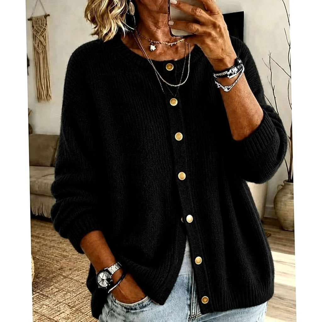 Women's Relaxed Knit Cardigan with Gold Snap Buttons, Black, view 5