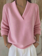 Women's Relaxed Knit Jumper with Deep V-Neck and Ribbed Hem, Pink, view 1