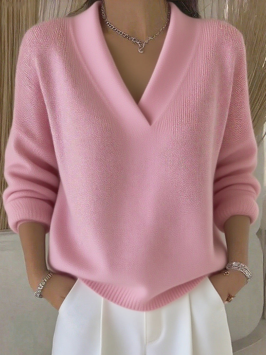 Women's Relaxed Knit Jumper with Deep V-Neck and Ribbed Hem, Pink, view 1