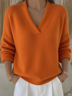 Women's Relaxed Knit Jumper with Deep V-Neck and Ribbed Hem, Orange, view 2