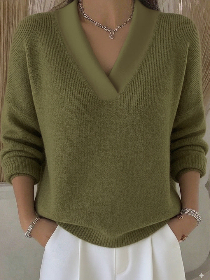 Women's Relaxed Knit Jumper with Deep V-Neck and Ribbed Hem, Green, view 3