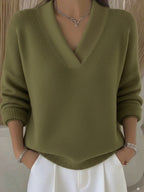 Women's Relaxed Knit Jumper with Deep V-Neck and Ribbed Hem, Green, view 3