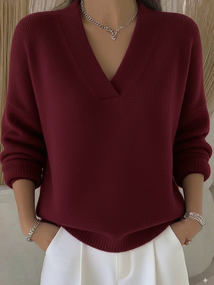 Women's Relaxed Knit Jumper with Deep V-Neck and Ribbed Hem, Red, view 4