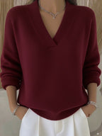 Women's Relaxed Knit Jumper with Deep V-Neck and Ribbed Hem, Red, view 4