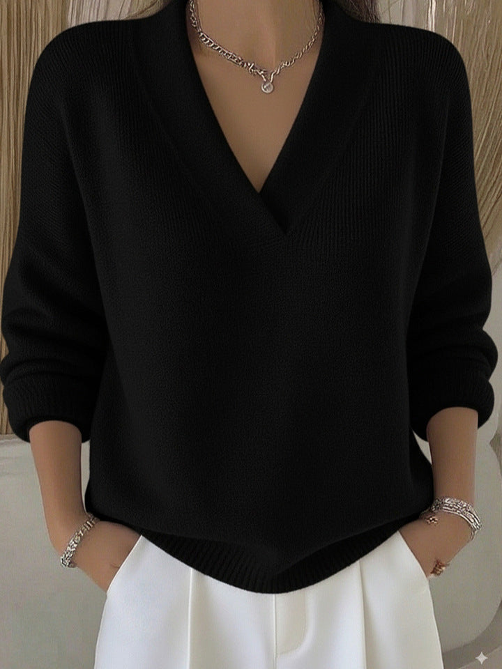 Women's Relaxed Knit Jumper with Deep V-Neck and Ribbed Hem, Black, view 5