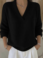 Women's Relaxed Knit Jumper with Deep V-Neck and Ribbed Hem, Black, view 5